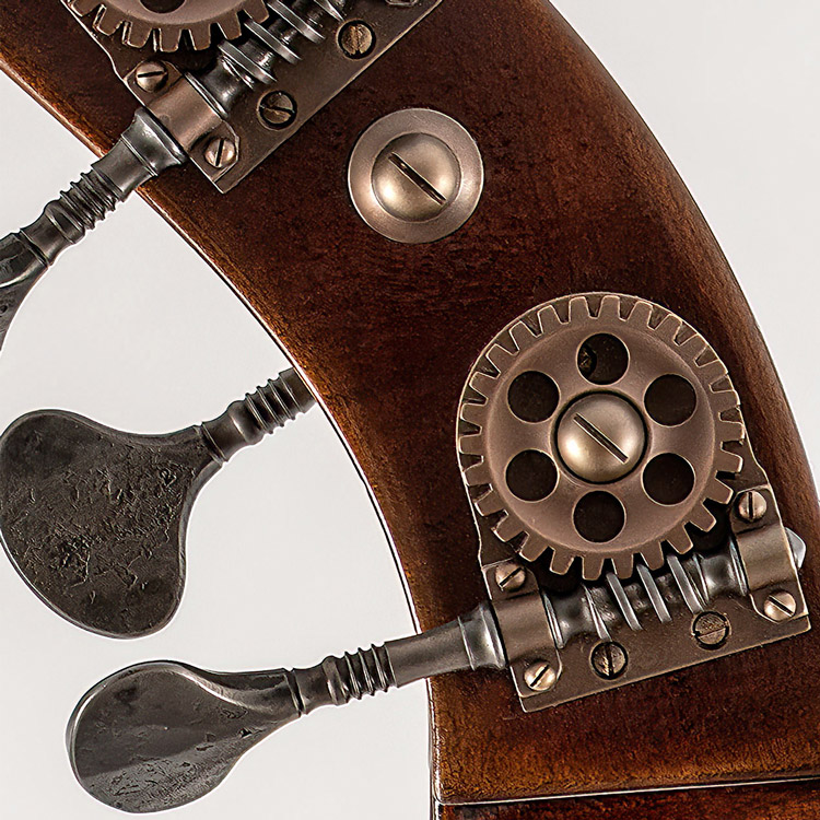 Detalle de la voluta de un contrabajo potenciado con IA.