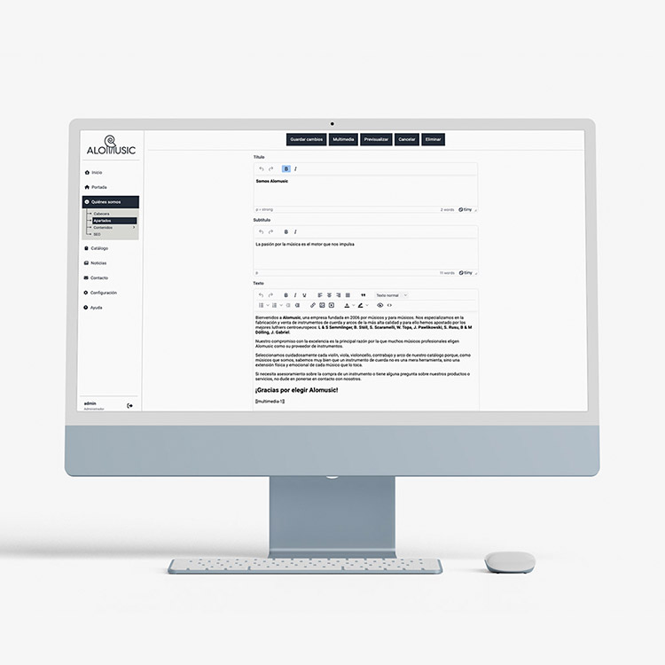 Proyecto de comunicación web para Alomusic. CMS de gestión.